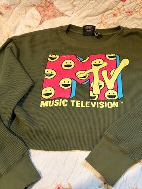 MTV Olive Green waffle knit with Yellow, Pink & Blue MTV Logo bottom cropped
